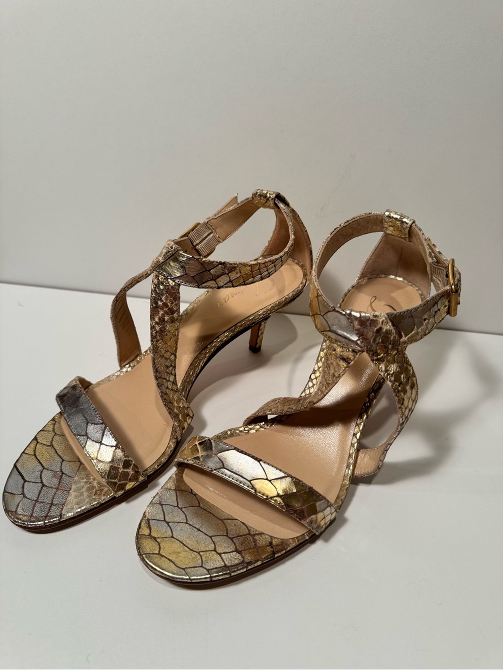 Delman Metallic Snake-Print Heels in Gold and Tan